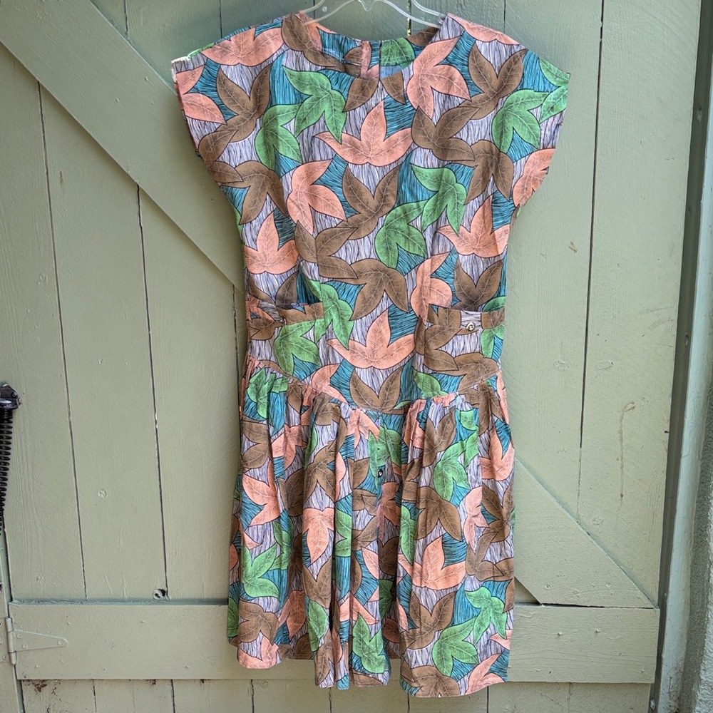 Vintage Peach Green Brown Leaf-Print Cotton Midi Dress